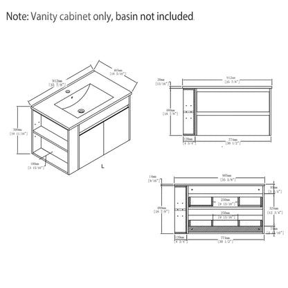 36" Floating Bathroom Vanity Cabinet, With Soft Close Double Doors, Wall Mounted, Cabinet Only - White