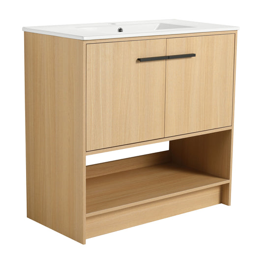 Modern Bathroom Vanity With Ceramic Sink, Freestanding Cabinet, Soft Closing Doors