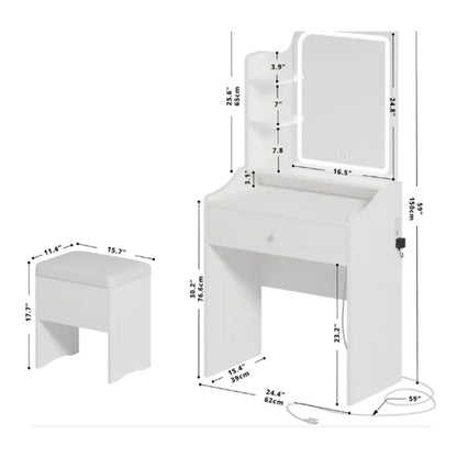 Smart LED Mirror Vanity Set With Storage For Bedrooms - Cream White