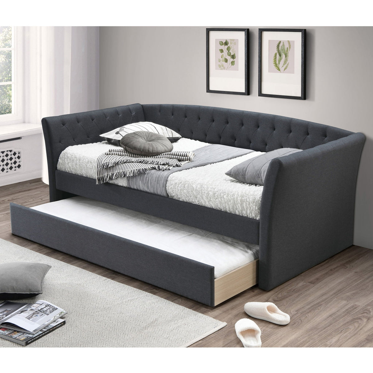 Daybed With Trundle Button Tufted Slat Included - Charcoal