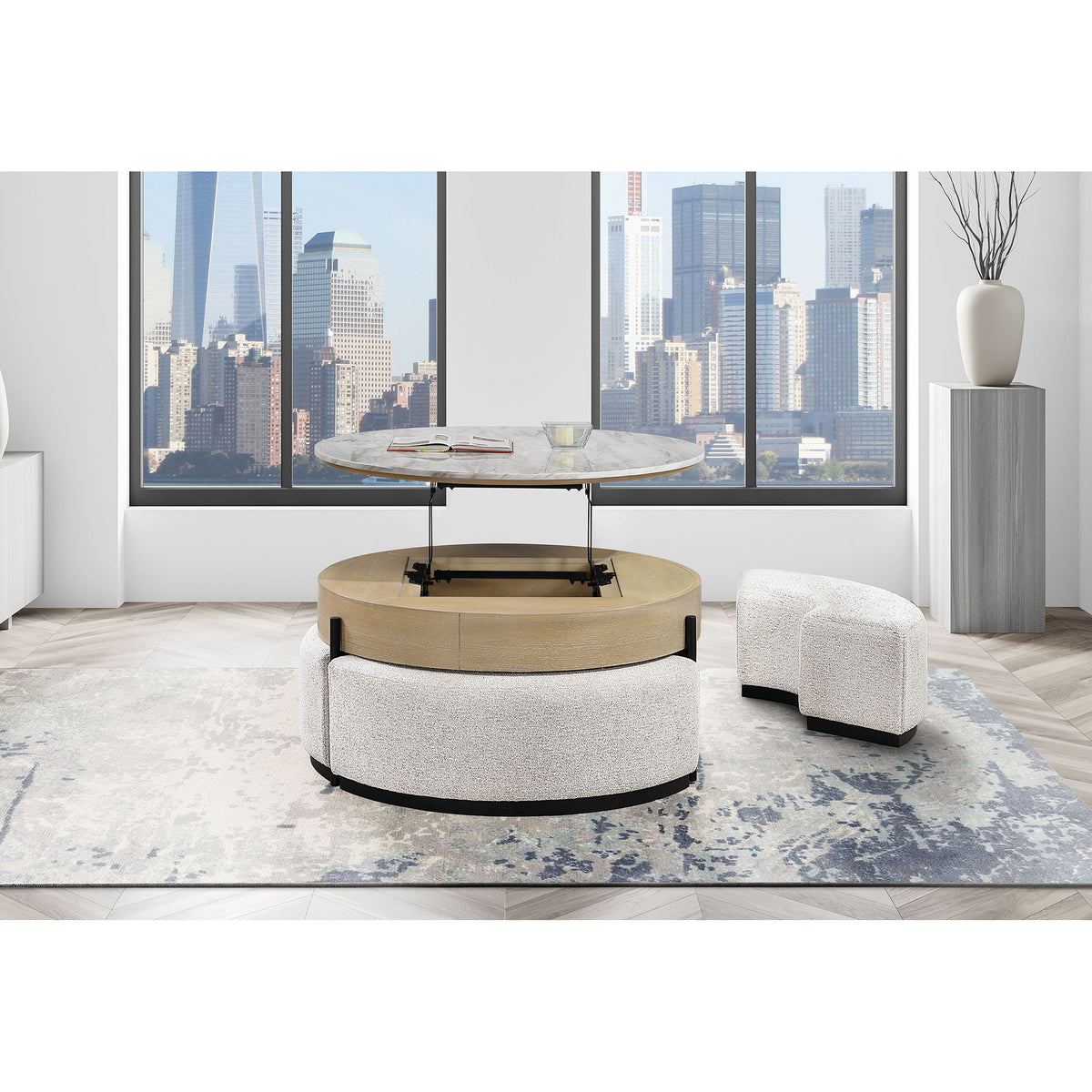 Rounded Storage Coffee Table With 3 Stools