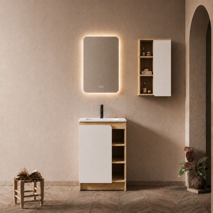 24" Bathroom Vanity With Sink & Wall Mounted Side Cabinet, Vanity Set With Thin Edge Sink, Interchangeable & Door Panels, Open & Hidden Storage - Black / Light Oak / White