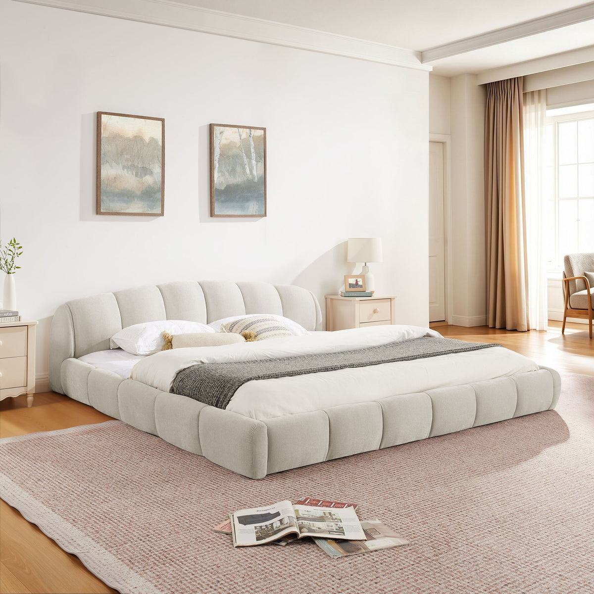 Upholstered Platform Bed Frame, Low Profile Floor Bed, No Box Spring Required