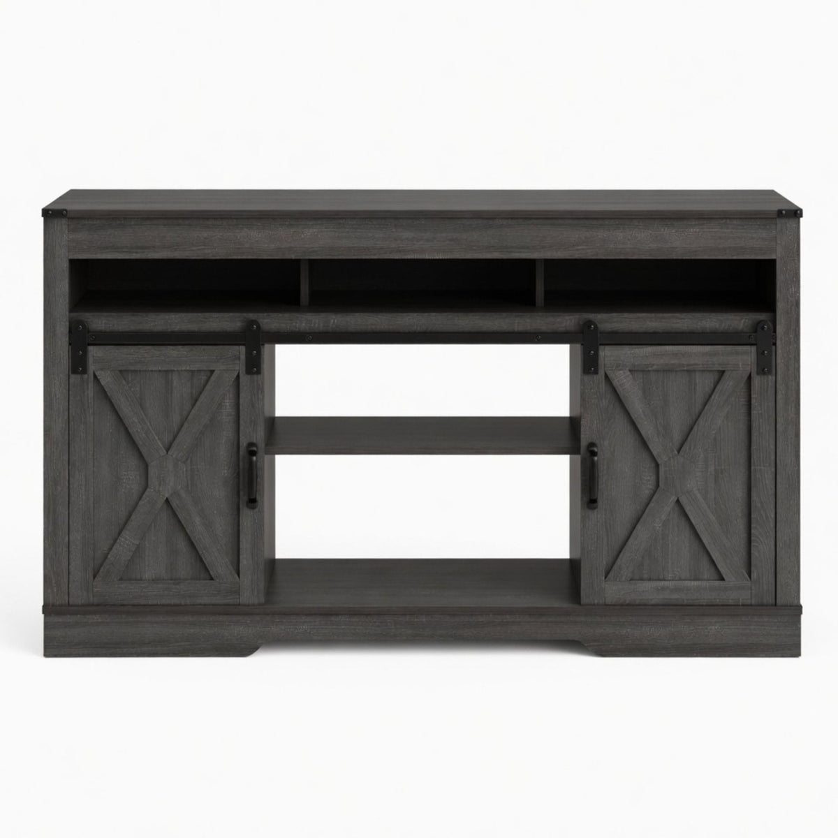 Farmhouse TV Stand With Sliding Barn Doors & Adjustable Storage