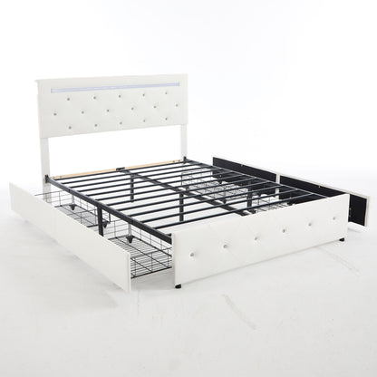 Upholstered Bed Frame With LED Lights, 4 Storage Drawers, Charging Station