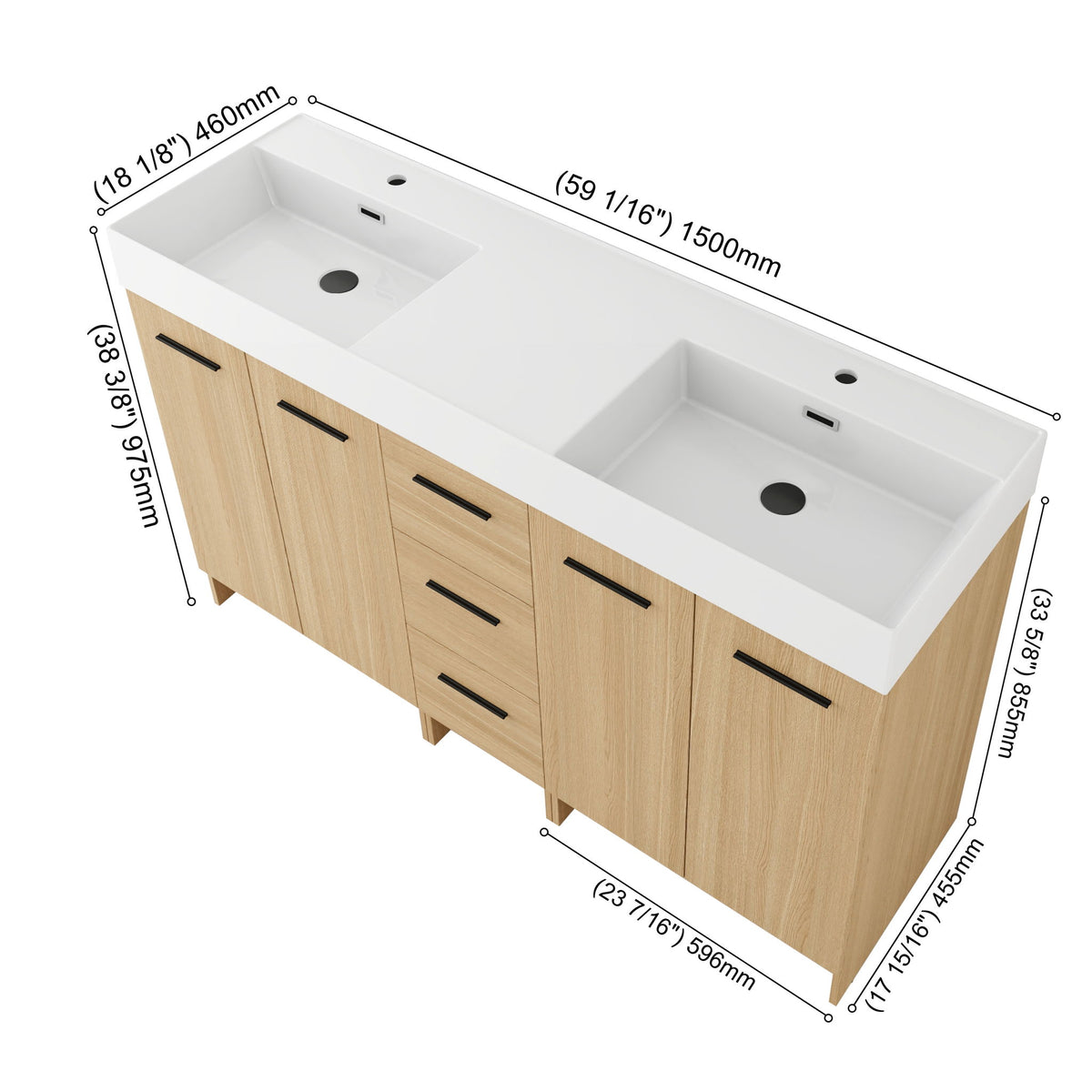 Double Sink Bathroom Vanity With 3 Drawers, Large Storage, Integrated Sink, Freestanding Cabinet, Soft Close Hardware - Glossy White / Light Oak