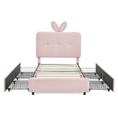 Upholstered Bed With Oversized Rabbit Ear Headboard, LED Lights & 4 Storage Drawers