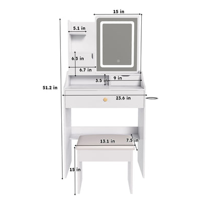 3 Color LED Vanity Mirror With Stool, Dressing Table For Bedroom, 2 Drawers & 5 Storage Cabinets (4 Open + 1 Hidden), Adjustable Lighting - White
