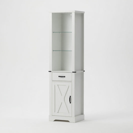 Pantry Cabinet With LED Lights And Barn Door With Tempered Glass Shelves - White