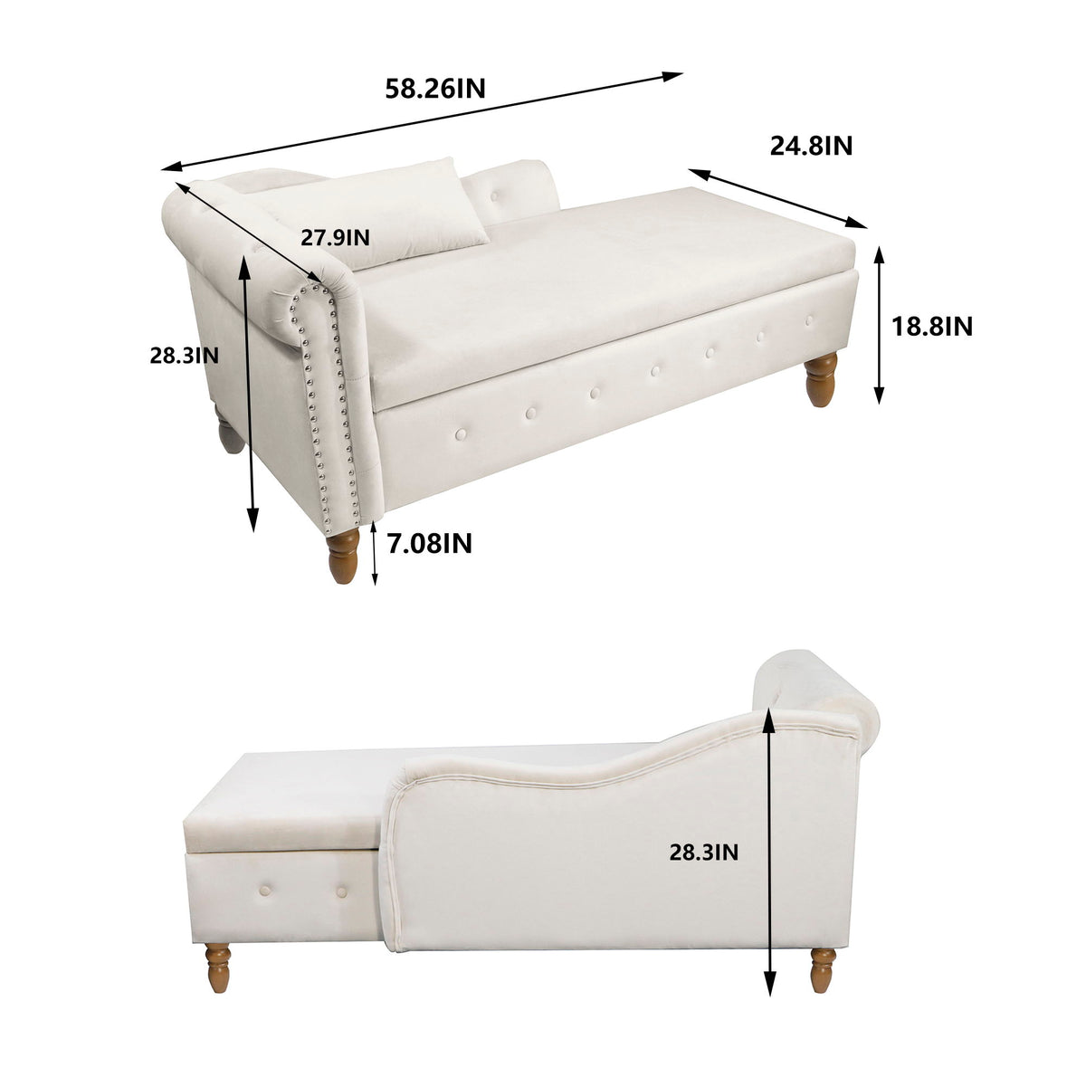 Chaise Lounge Indoor, Lounge Chair For Bedroom With Storage & Pillow, Modern Upholstered Rolled Arm Chase Lounge For Sleeping With Nailhead Trim For Living Room Bedroom Office