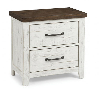 2 Drawer Nightstand With Brass Arch Pulls, Bedroom Furniture - Brown / Distressed White / Walnut