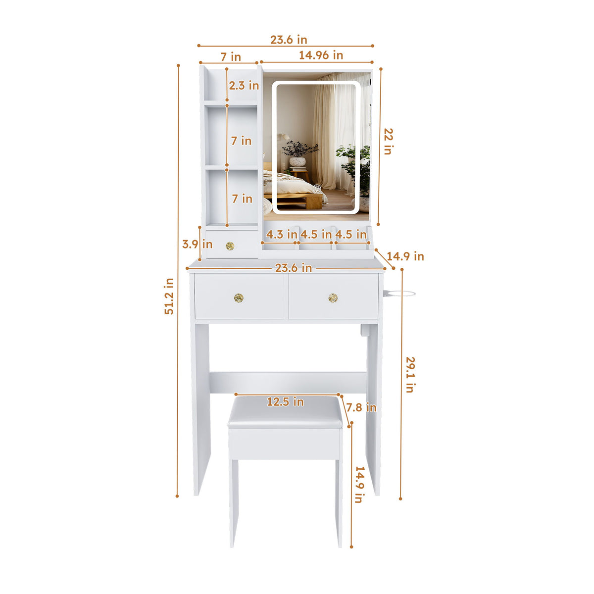 Modern Small Vanity Desk With 3 LED Lighting Modes, 3 Drawers