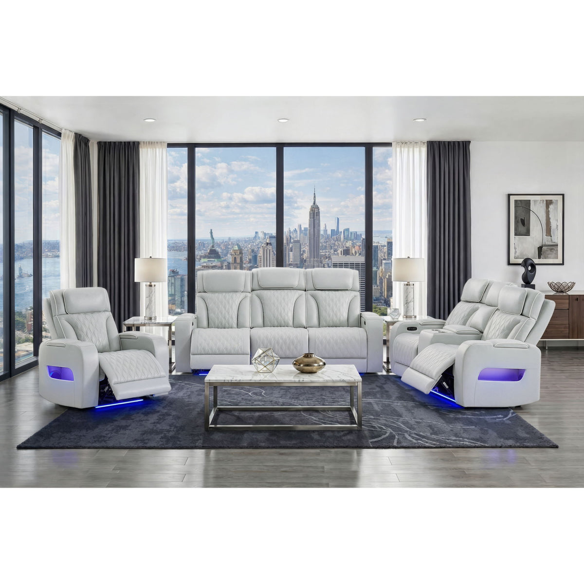 Julian - Power Console Reclining Loveseat, LED & Speaker - Silver