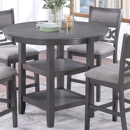 5 Piece Counter Height Dining Set With Storage Shelves Round Table And Upholstered High Chairs - Gray