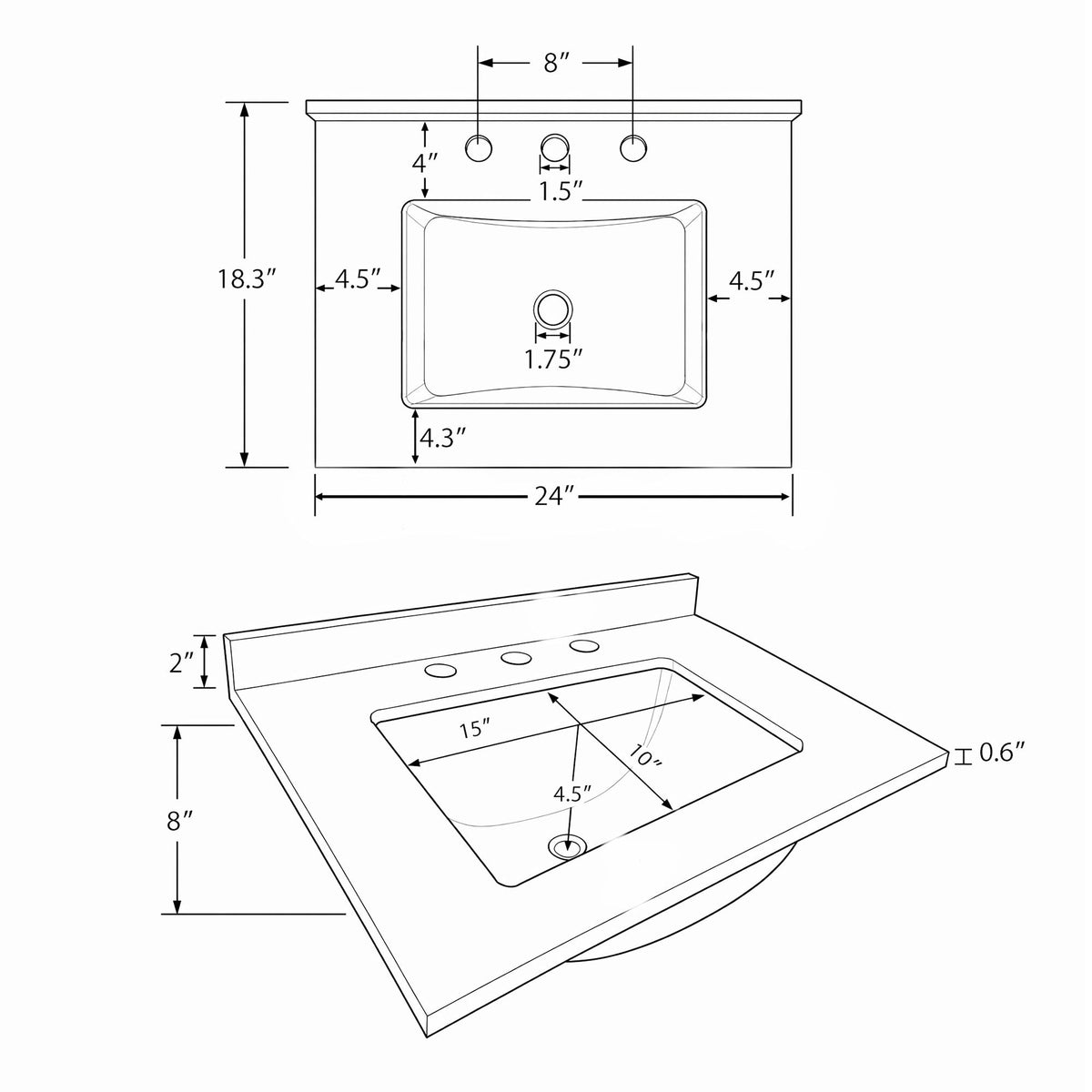 Basin Sink, 0.6" Ultra Thin Profile, Triple Faucet Holes, Sink Only