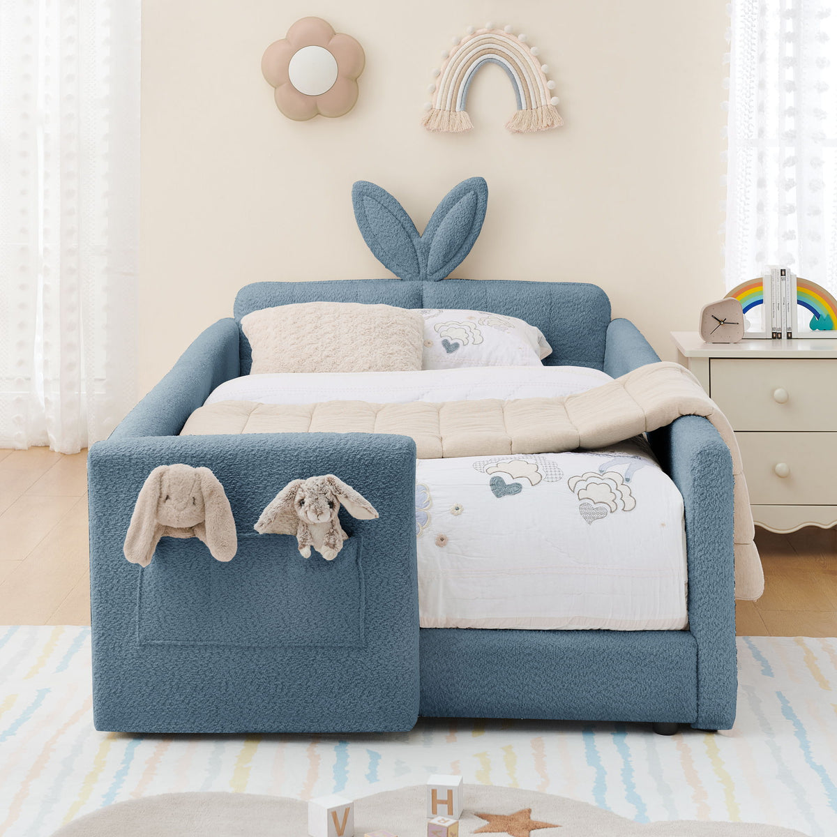 Cute Rabbit Ear Upholstered Platform Bed Frame With Safety Rail