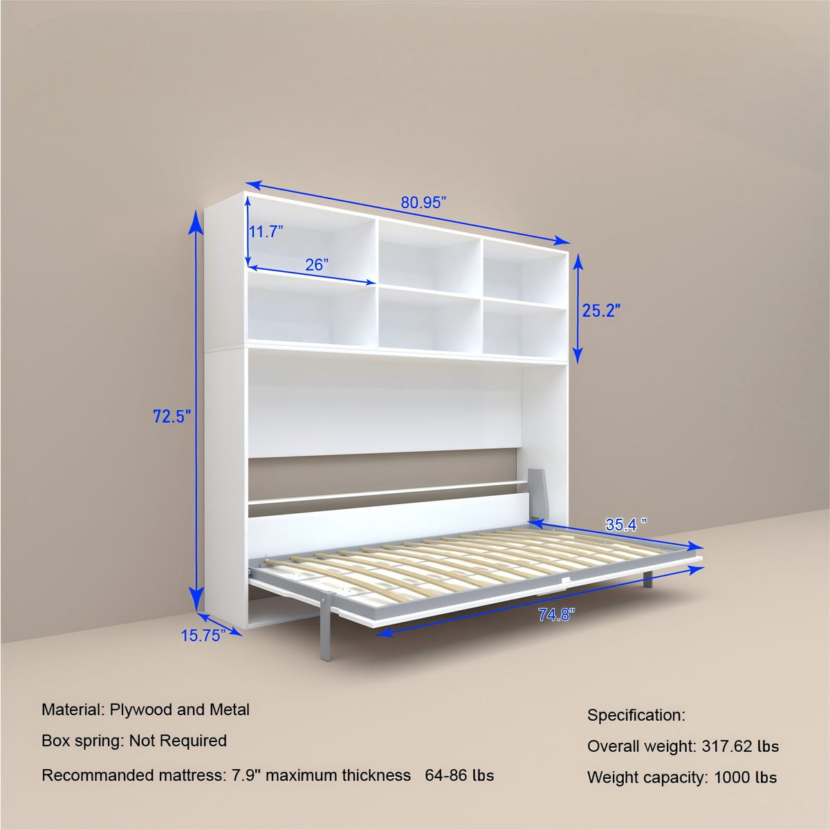 Mordern Design Twin Size Horizontal Murphy Bed With Shelf Storage For Bedroom Or Guestroom Wall Bed Space Saving Hidden Bed With New Style Gas Struts - White