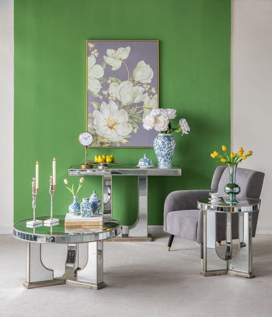 Large Mirrored Dining Table With Elegant Floral Design And - Silver Multi