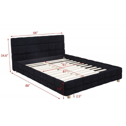 Modern Platform Bed With Upholstered Grid-Patterned Headboard