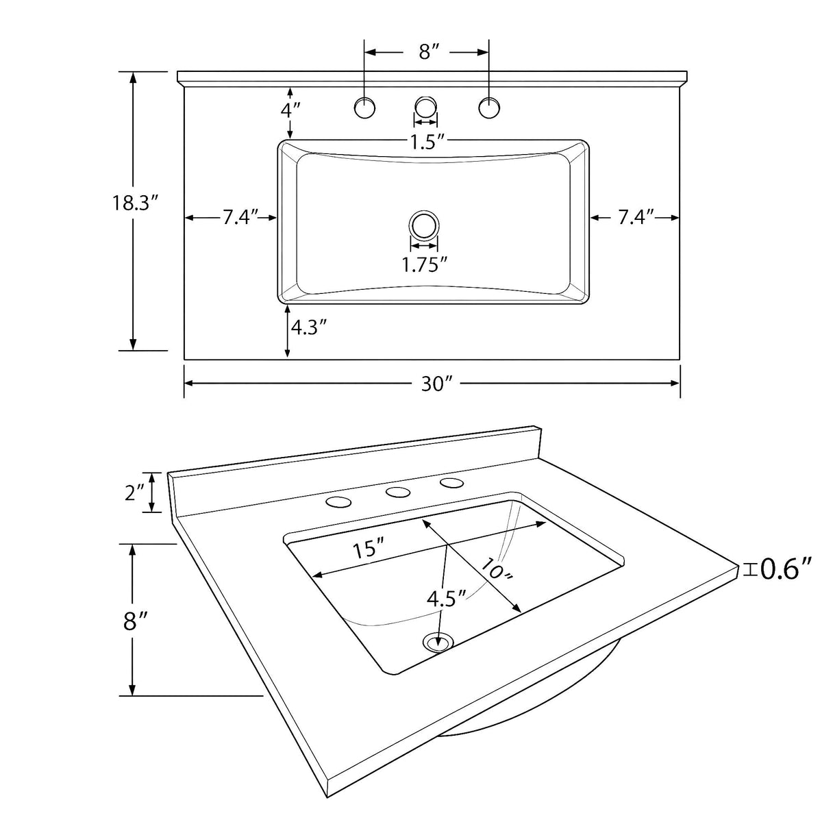 Basin Sink, 0.6" Ultra Thin Profile, Triple Faucet Holes