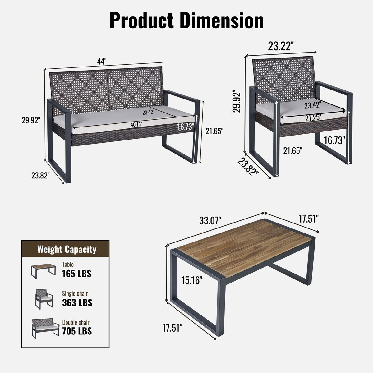 4 Piece Patio Furniture Set With Acacia Wood Table Top And Cushions