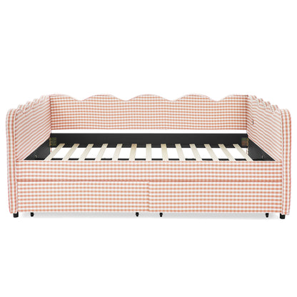 Queen Size Gingham Daybed With 2 Storage Drawers, USB Port, Wave-Shaped Design - Pink
