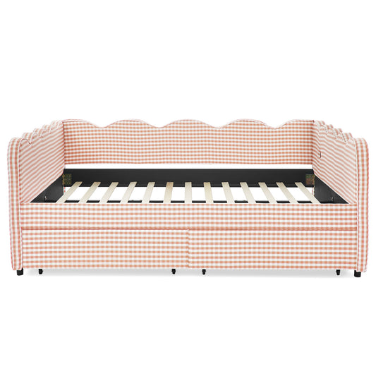 Queen Size Gingham Daybed With 2 Storage Drawers, USB Port, Wave-Shaped Design - Pink