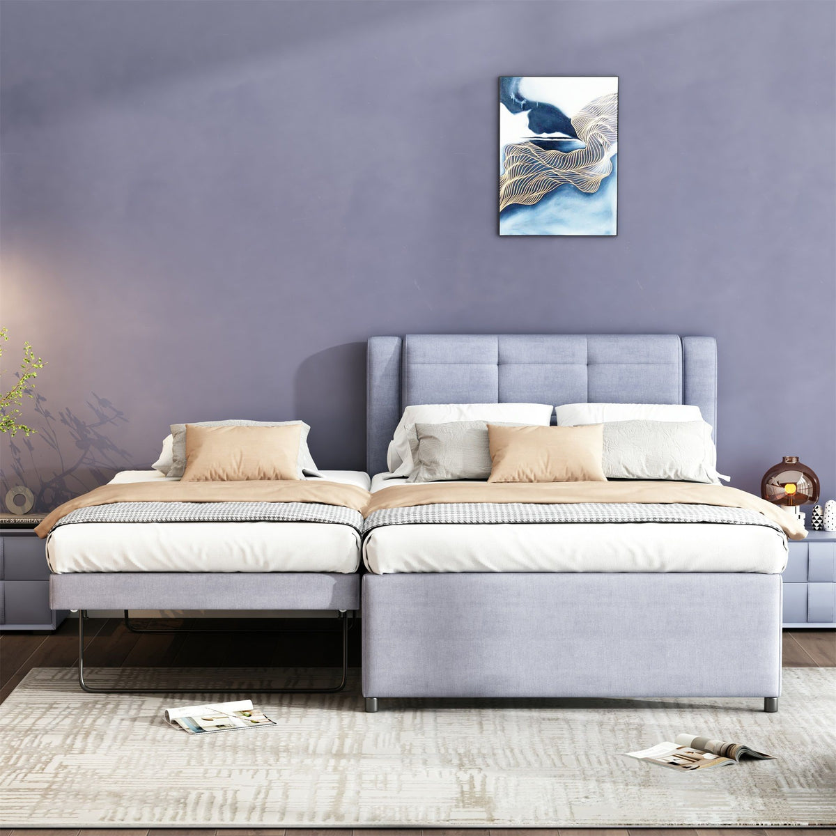 Upholstery Platform Bed With Trundle, Trundle Can Be Flat Or Erected