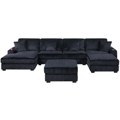 6 Piece Modular U Sectional Sofa Set With USB Cup Holder, Low Leg - Black