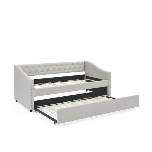 Upholstered Tufted Daybed With Drawers, Waved Arms