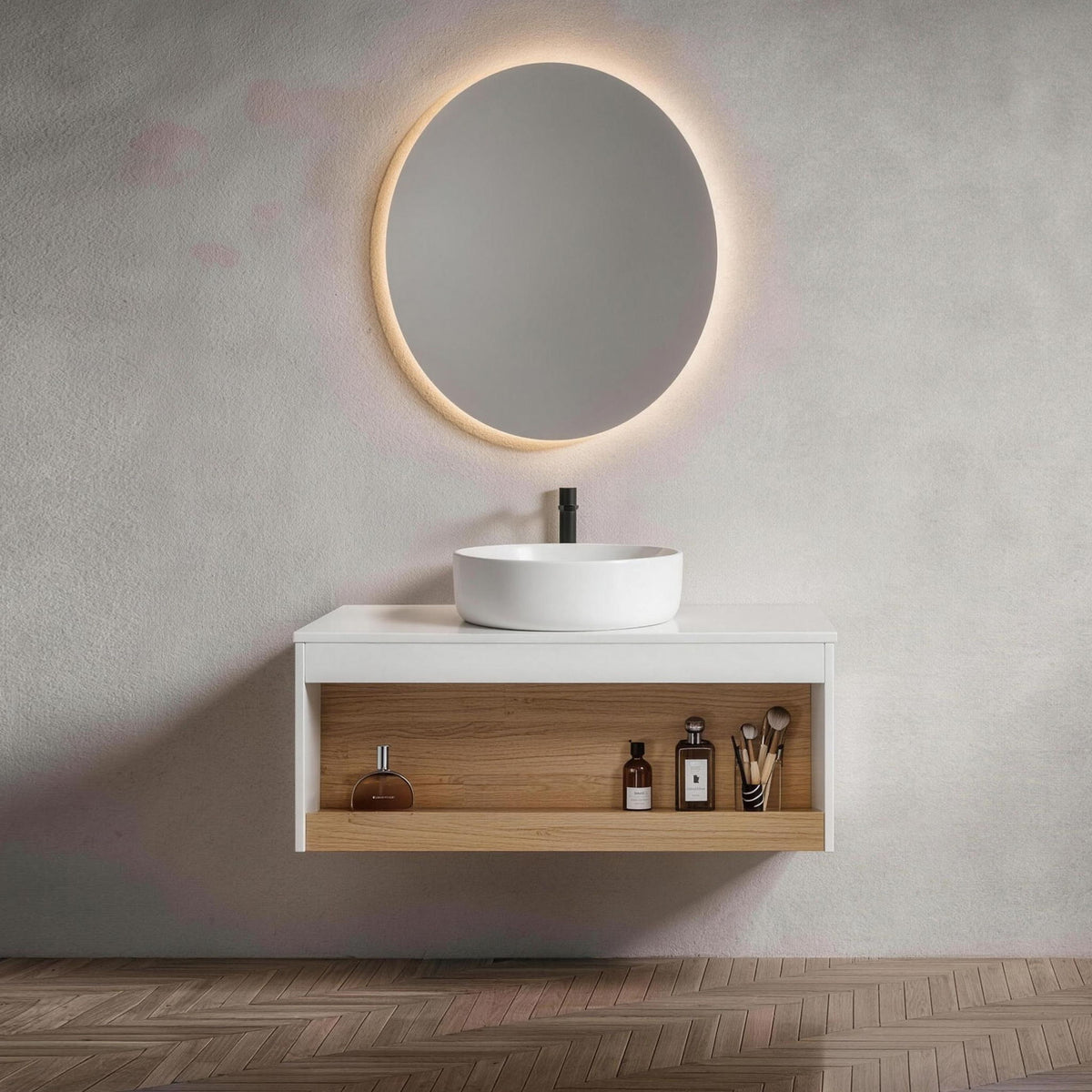 Floating Bathroom Vanity With Glossy Round Vessel Sink