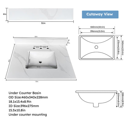 Bathroom Vanity Top With Undermount Sink, 3 Pre Drilled Holes