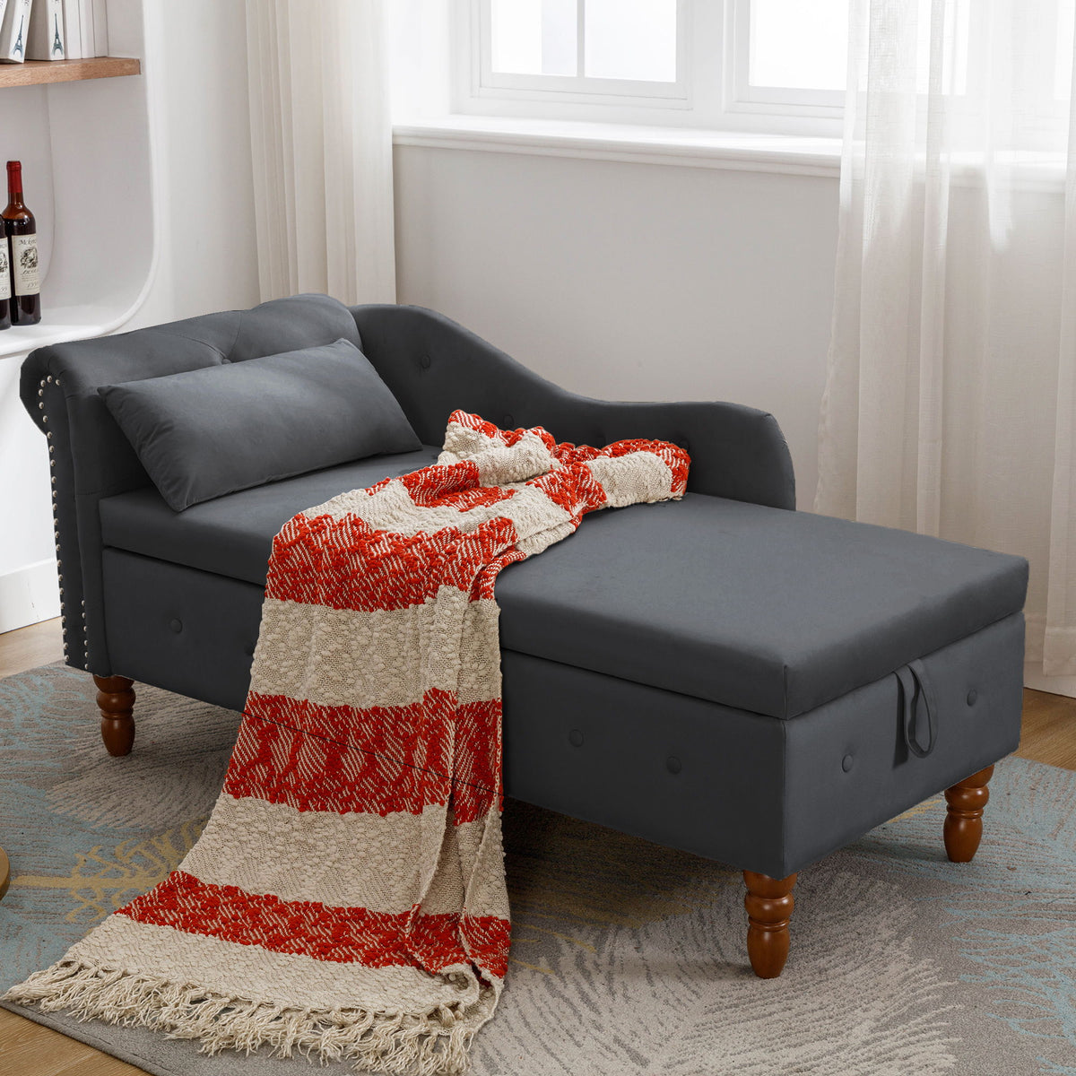 Chaise Lounge Indoor, Lounge Chair For Bedroom With Storage & Pillow, Modern Upholstered Rolled Arm Chase Lounge For Sleeping With Nailhead Trim For Living Room Bedroom Office