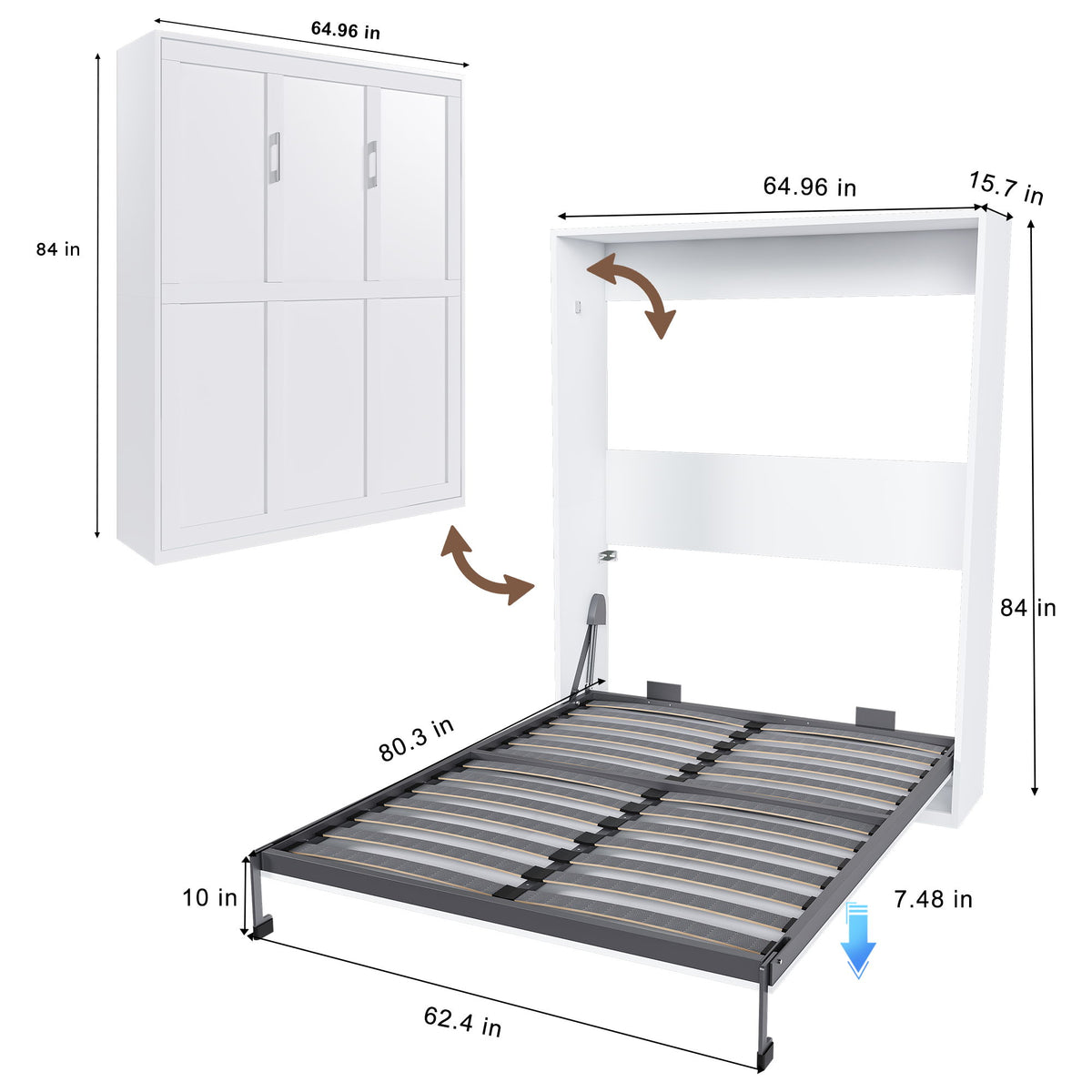 Queen Murphy Bed, Foldable Wall Bed, Space Saving Design For Bedrooms - White