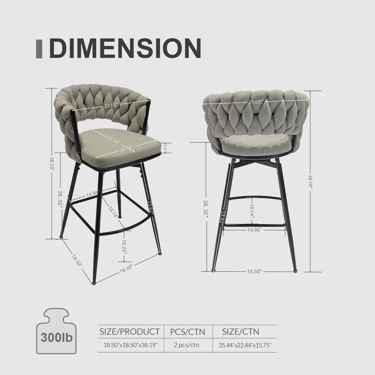 28" Bar Chair Linen Woven Bar Stool (Set of 2) Upholstered With Legs, 360 Swivel, Counter Arm Chairs With Back Footrest - Gray