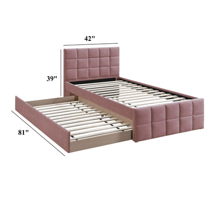 Contemporary Style Bed With Trundle Upholstered Headboard And Footboard Grid Pattern