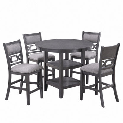 5 Piece Counter Height Dining Set With Storage Shelves Round Table And Upholstered High Chairs - Gray