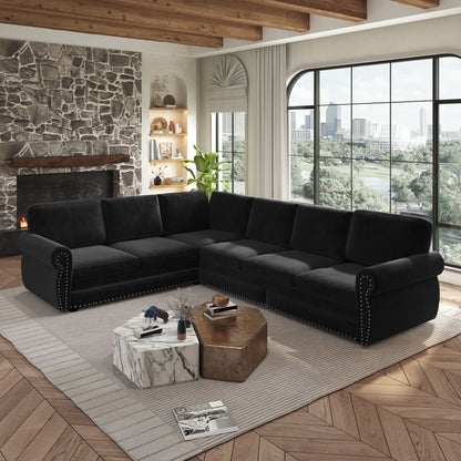 L-Shaped Sofa Couch With Pull Out Bed With Nailhead Trim & Rolled Arm