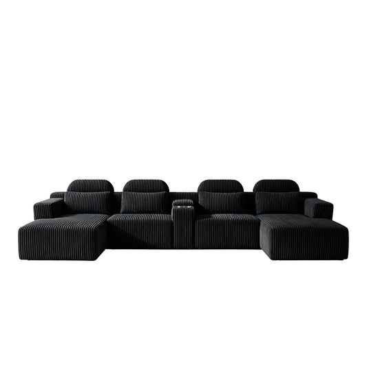 U-Shaped Sectional Sofa With Chaise Lounge And Cup Holders
