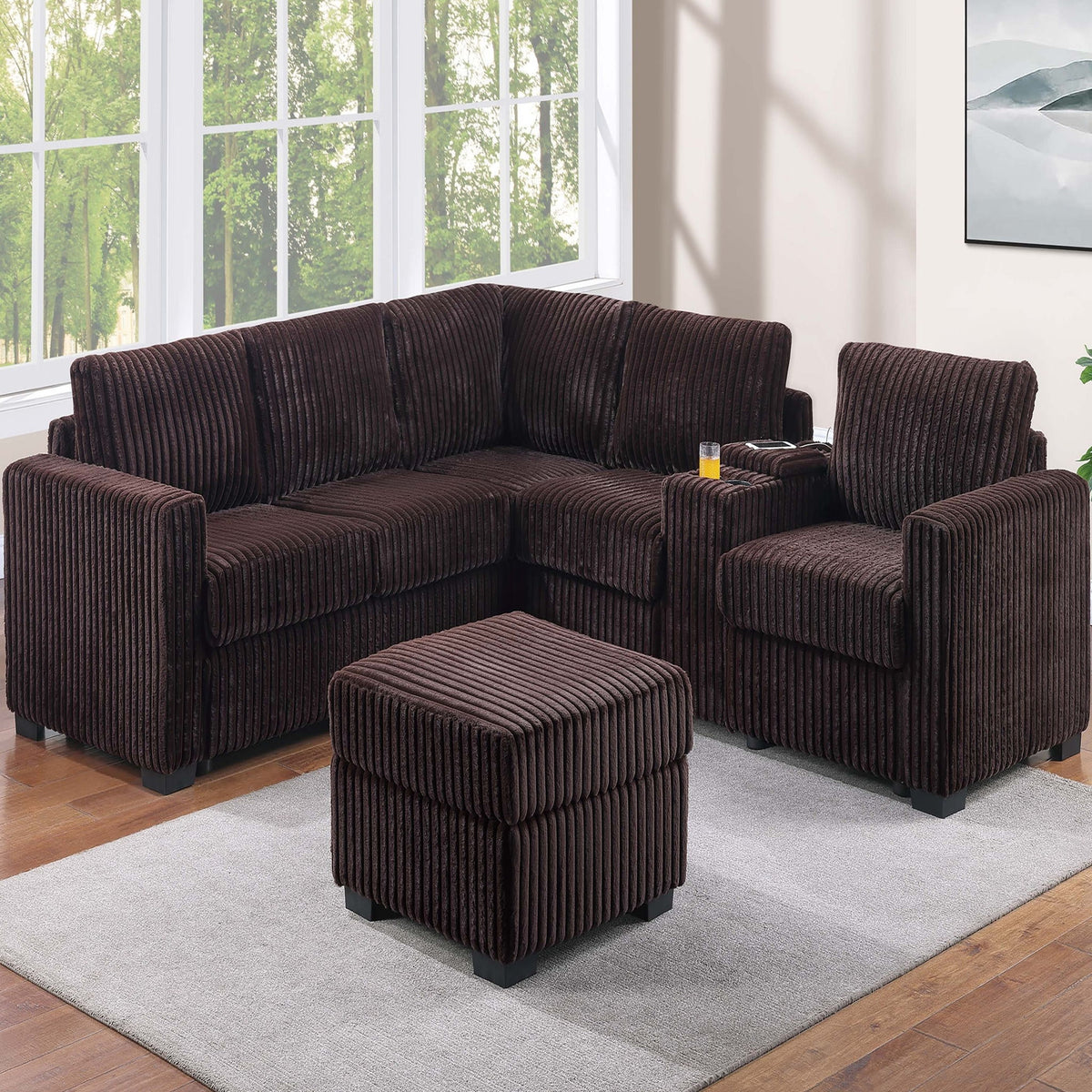 Contemporary L-Shaped Sectional Set With USB Console & Ottoman
