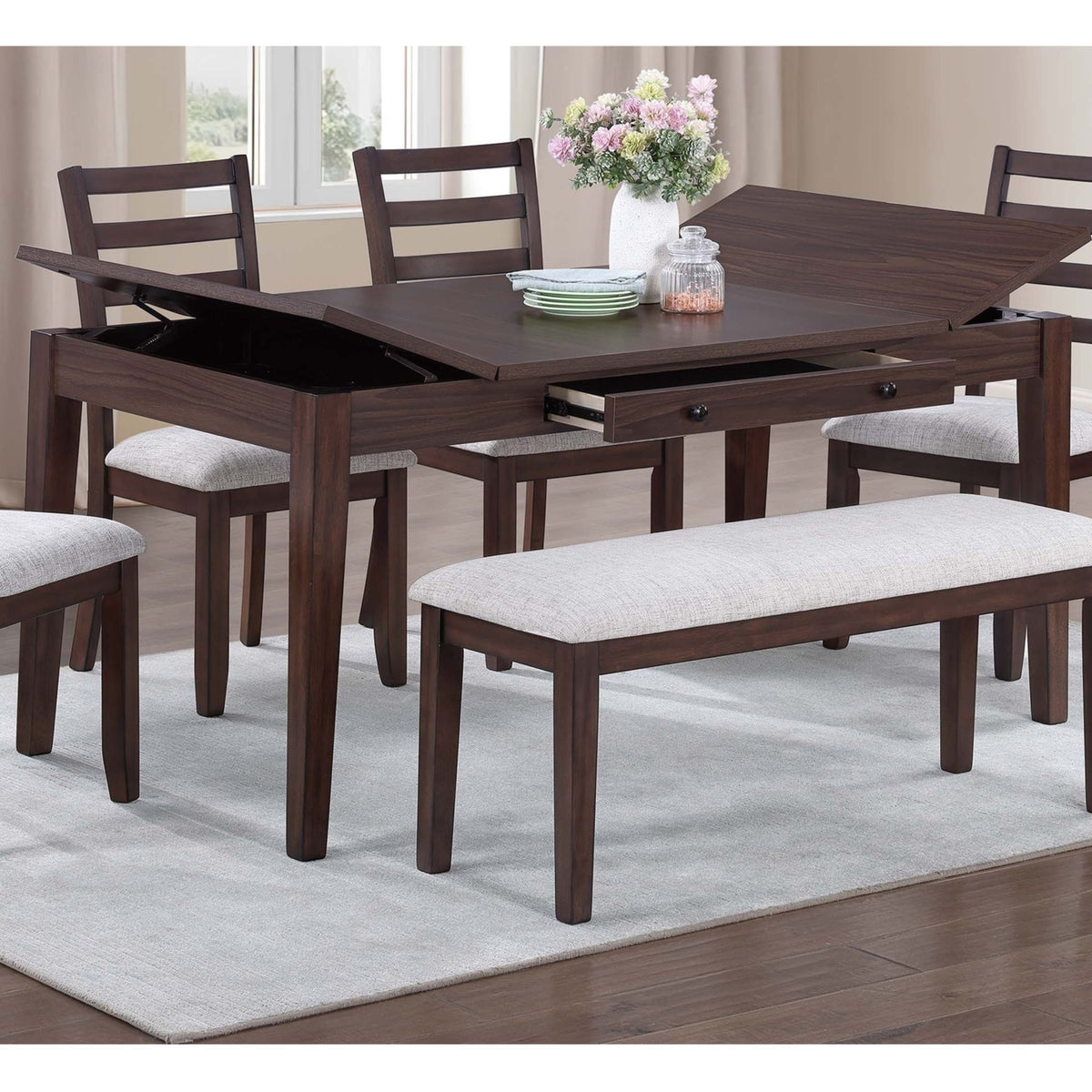 6 Piece Dining Set Table With Storage Ladder Back Chairs And Bench - Walnut