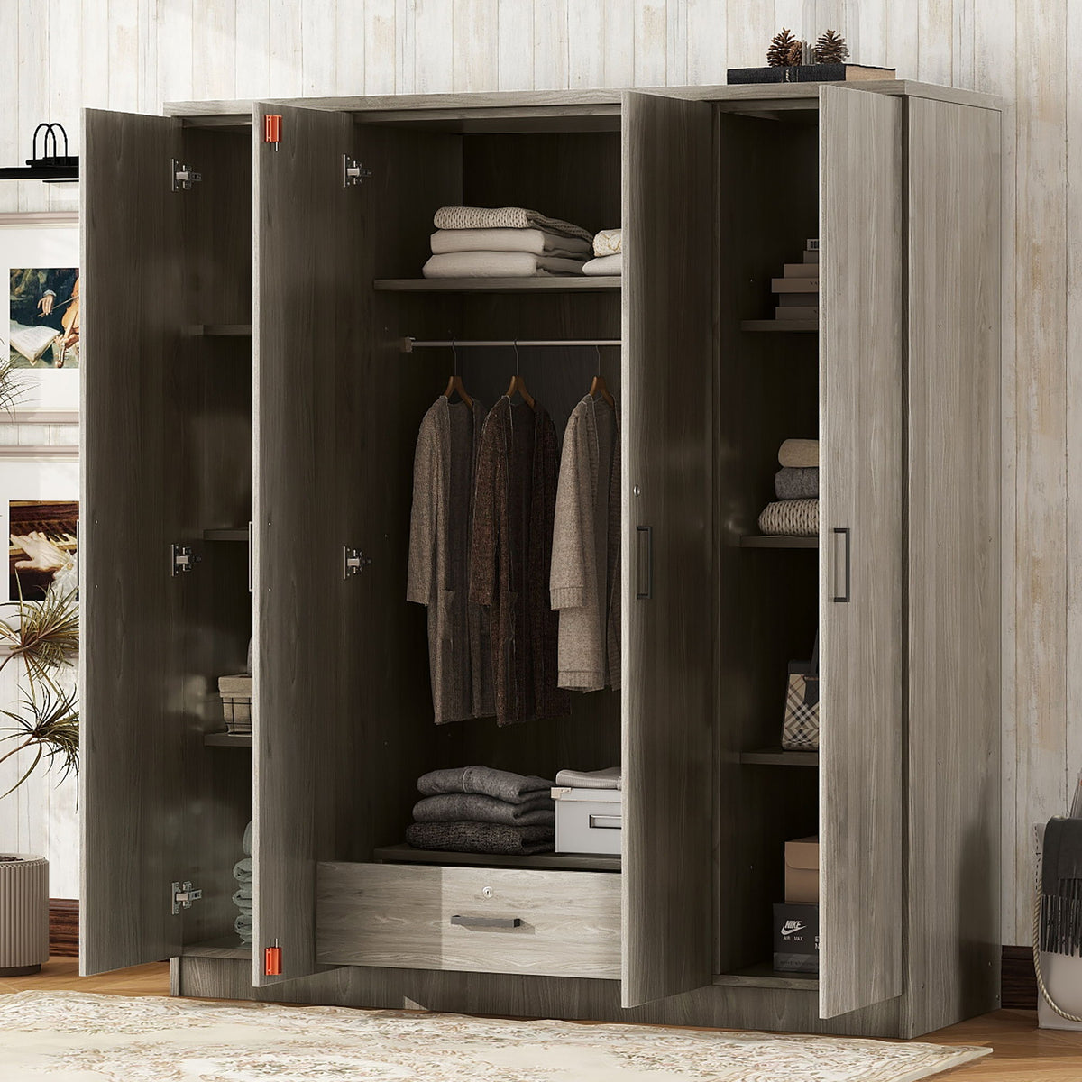 4 Door Wardrobe With 1 Drawer - Gray