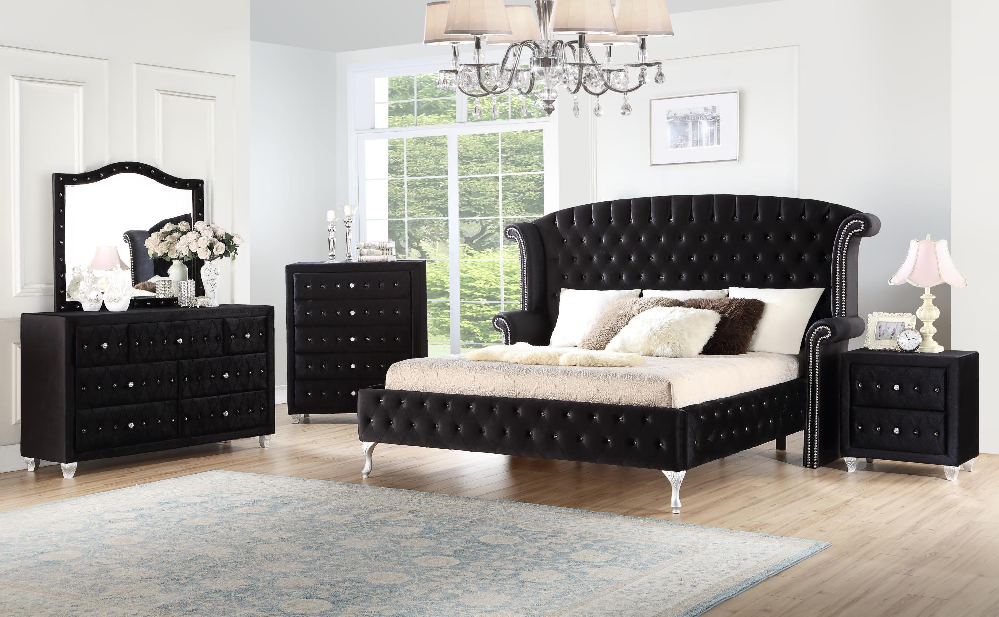 Black Velvet King Bed with Crystal-Tufted Headboard & Silver Legs – B038-K