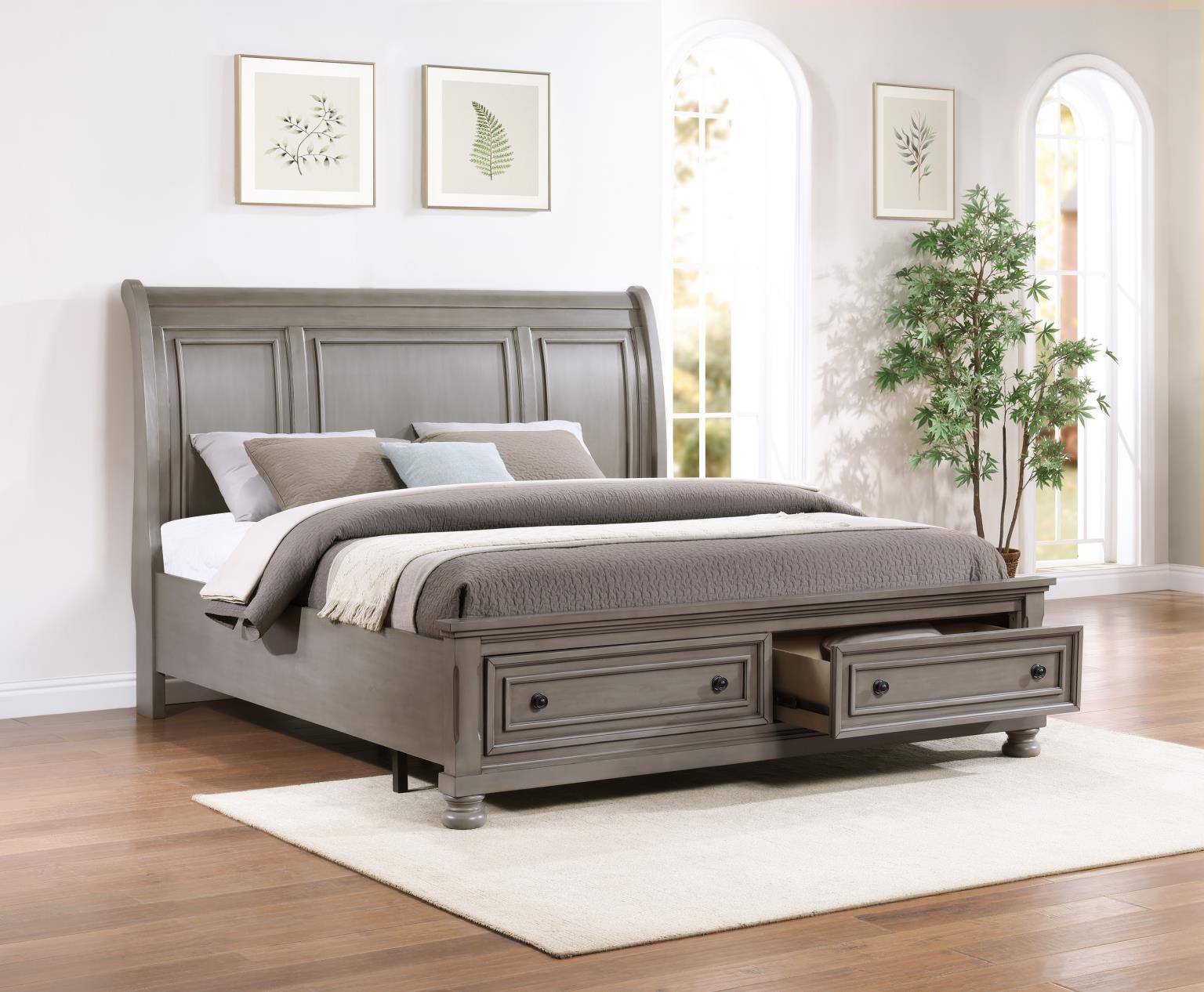 Light Gray King Bed with Sleigh Headboard & Storage Footboard – B070-K
