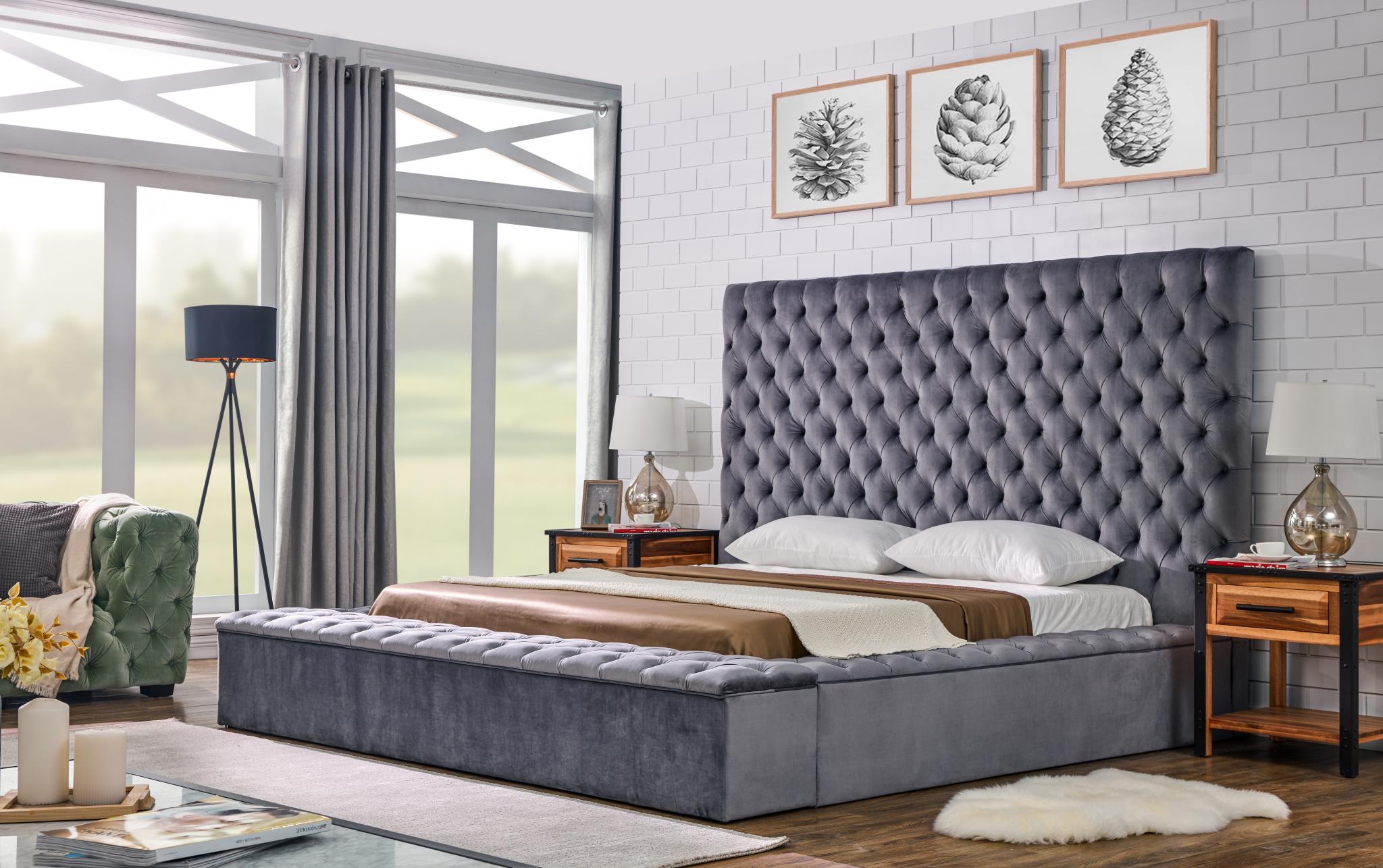 Gray Velvet Queen Bed - B563-Q