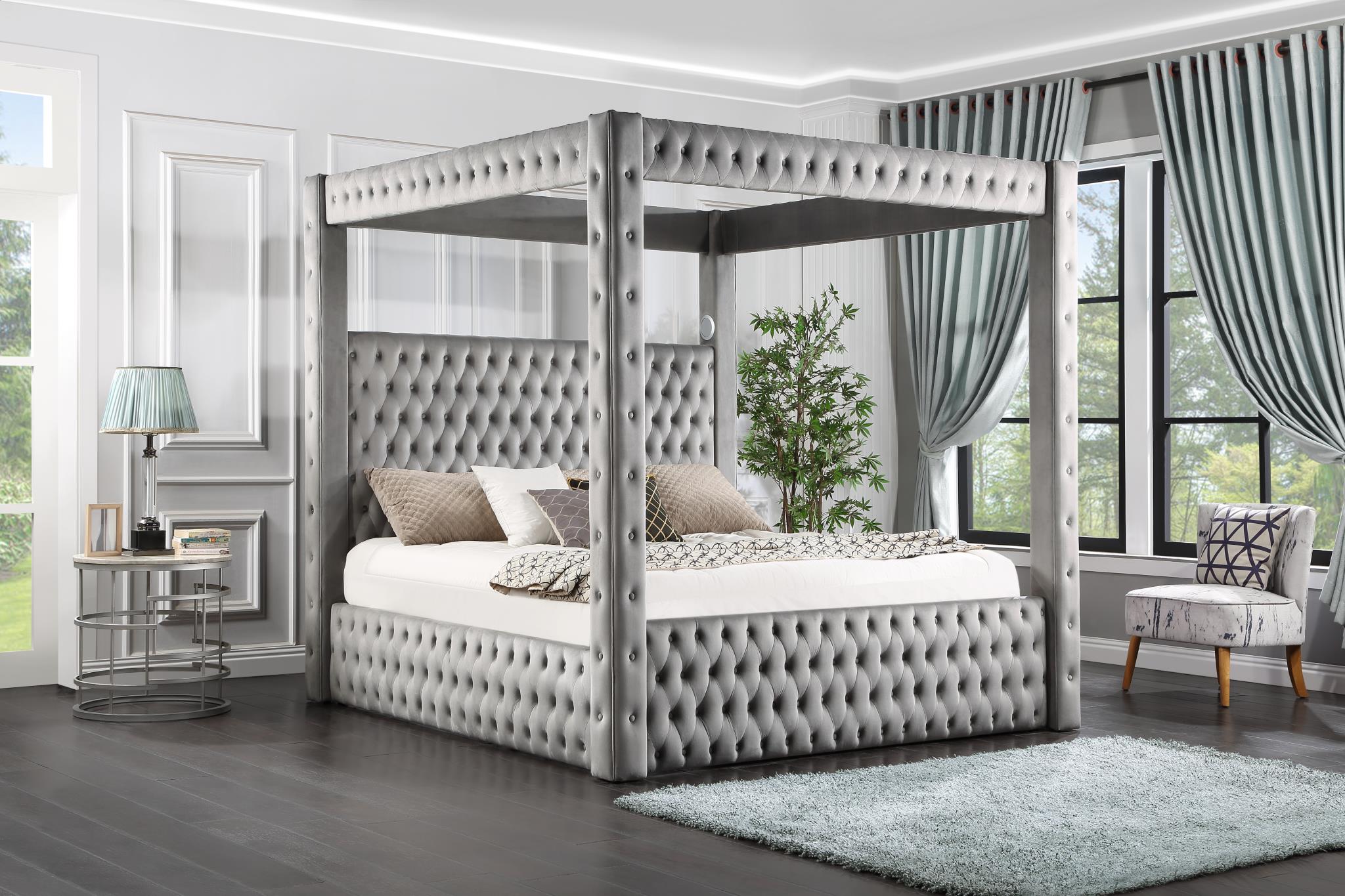 Gray Velvet Queen Canopy Bed - B568-Q