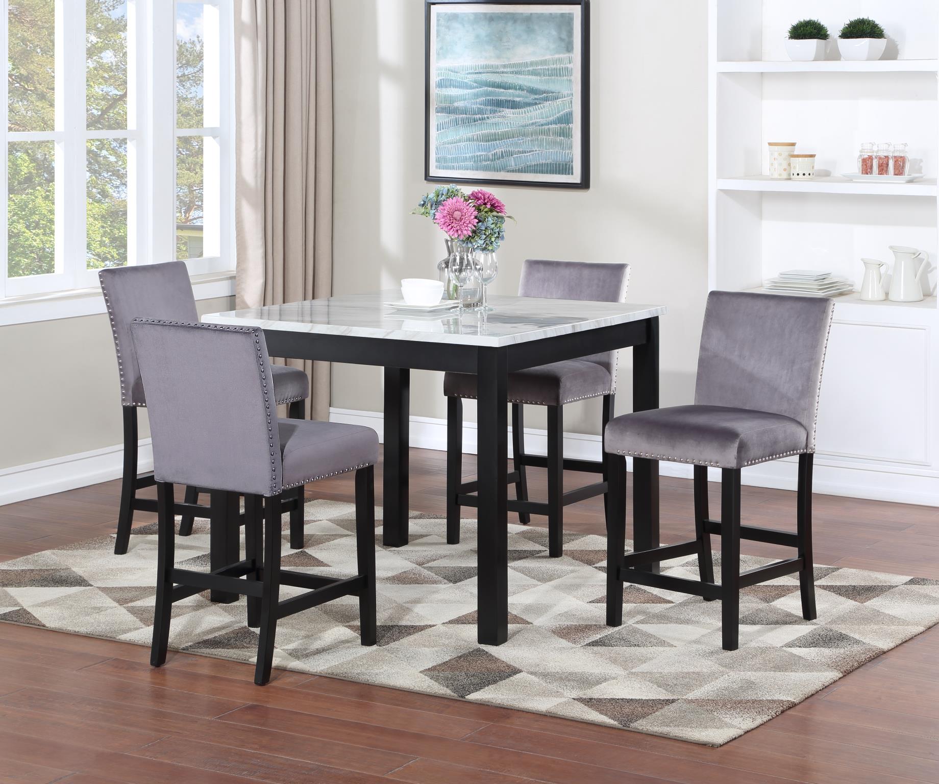 White Marble Dining Table with 4 Gray Velvet Chairs – D205-GRY