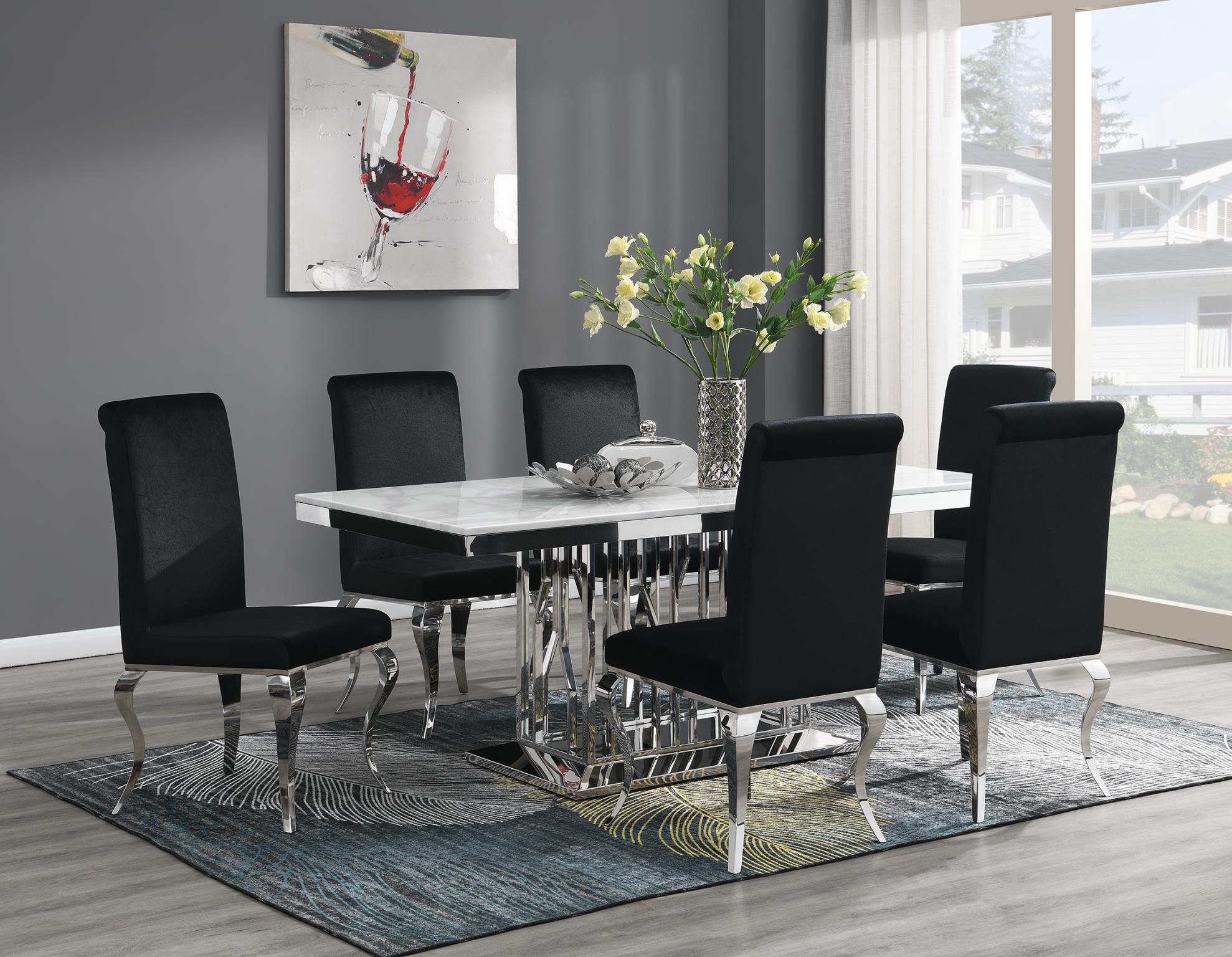 White Marble Dining Set with 4 Black Velvet Chairs – G-081-WHITE-5PC-VELBLK