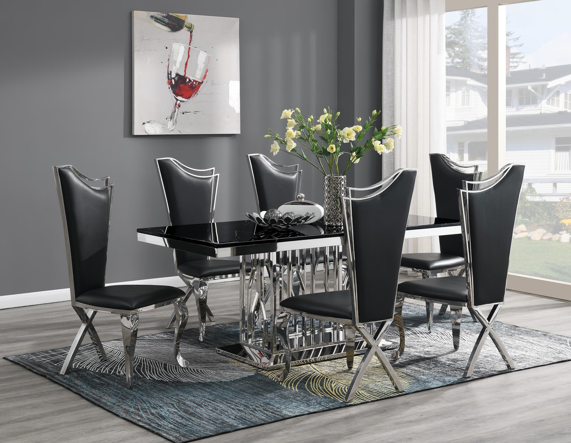 Black Marble Dining Set with 4 Black Velvet Chairs – G-081-BLACK-5PC-VELBLK