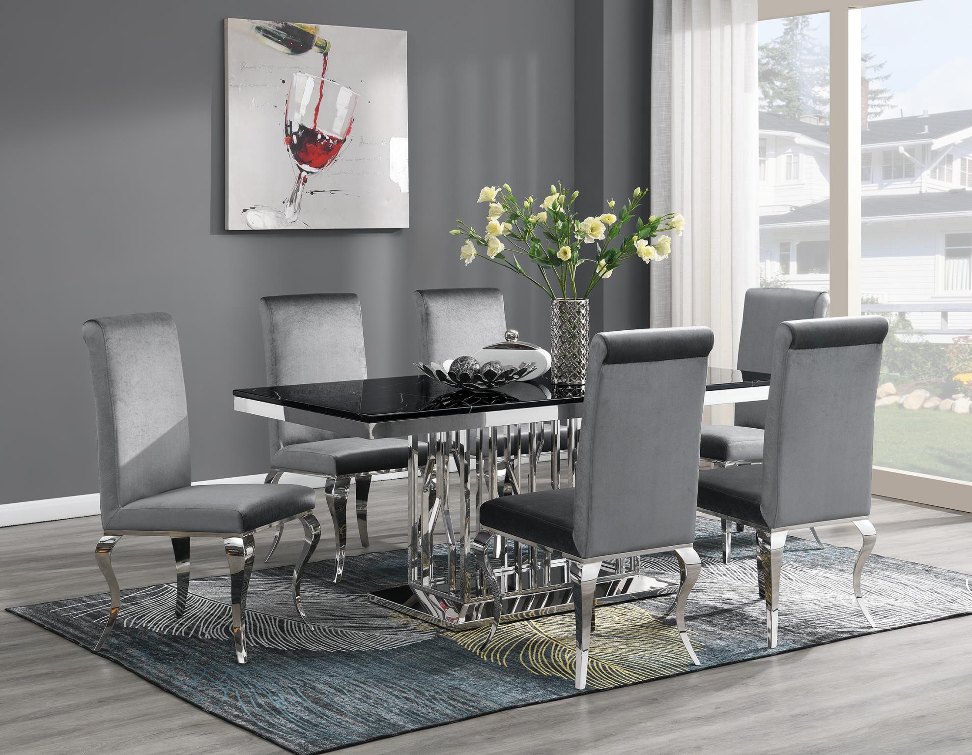 Black Marble Dining Set with 4 Gray Velvet Chairs – G-081-BLACK-5PC-VELGRY
